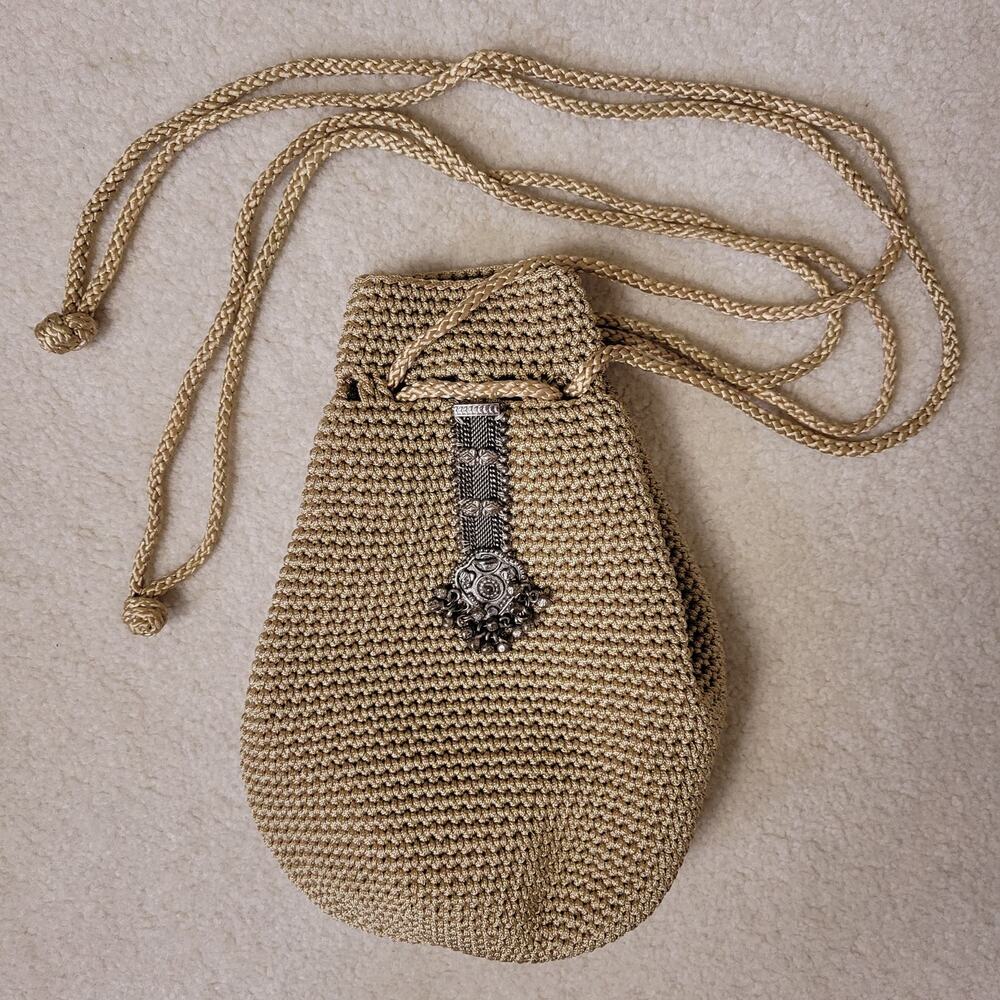Varsha Patel Boho Crochet Drawstring Crossbody Bag Braided Straps Aged Silver